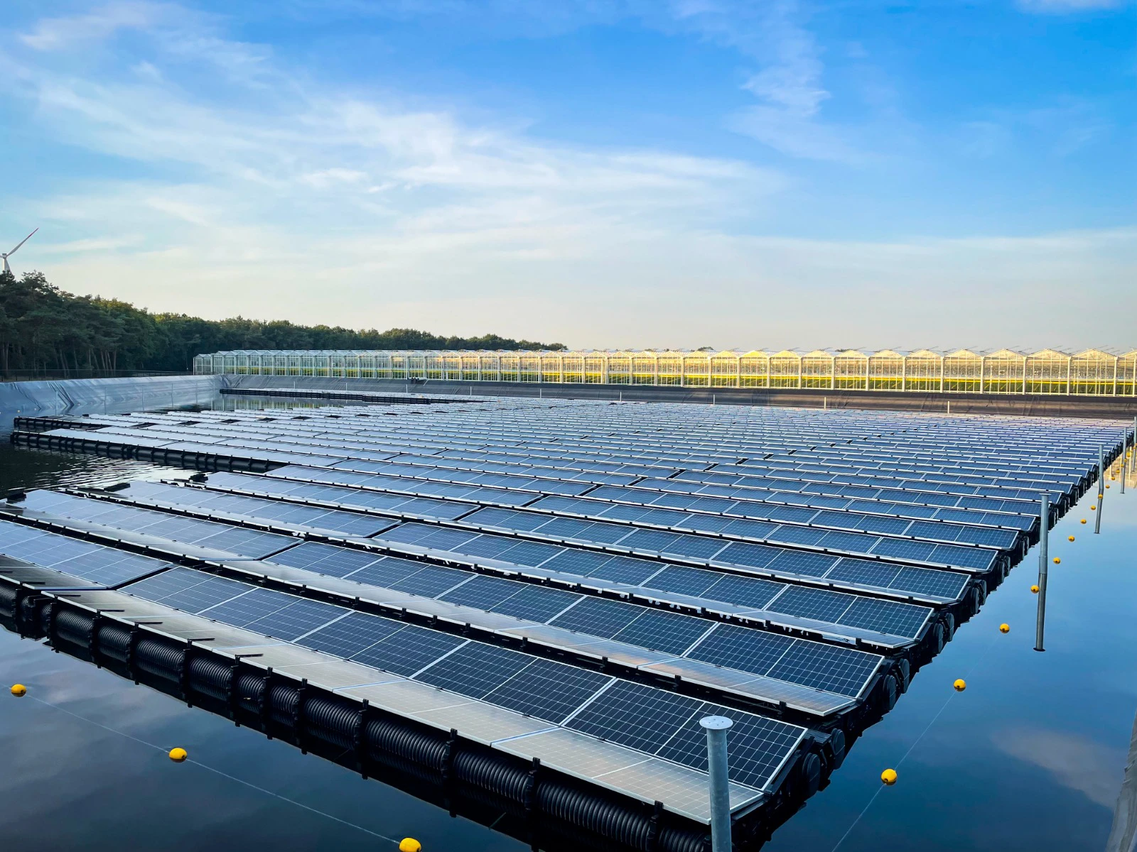 Een installatie van IZEN-zonnepanelen op een waterreservoir. In de achtergrond staan grote, professionele serres.